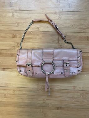 Y2K Danier Women's Pink Leather Shoulder Bag with Ring Detail